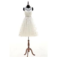 Charming A-Line Illusion Natural Knee Length Tulle Ivory Sleeveless Zipper With Buttons Wedding Dres