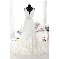New Design A-Line Natural Train Ivory Sleeveless Open Back Wedding Dress with Appliques and Sashes C