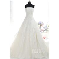 Dreamy A-Line Strapless Basque Train Tulle Ivory Sleeveless Zipper Wedding Dress with Beading and Ap