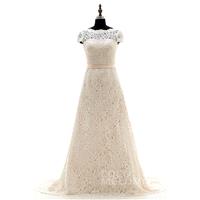 Vintage A-Line Illusion Natural Court Train Lace Ivory/Champagne Cap Sleeve Lace Up-Corset Wedding D
