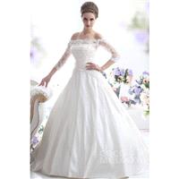 Luxurious A-line Off the Shoulder 3/4 Length Sleeve Court Train Satin Wedding Dress CWLT130D0 - Top