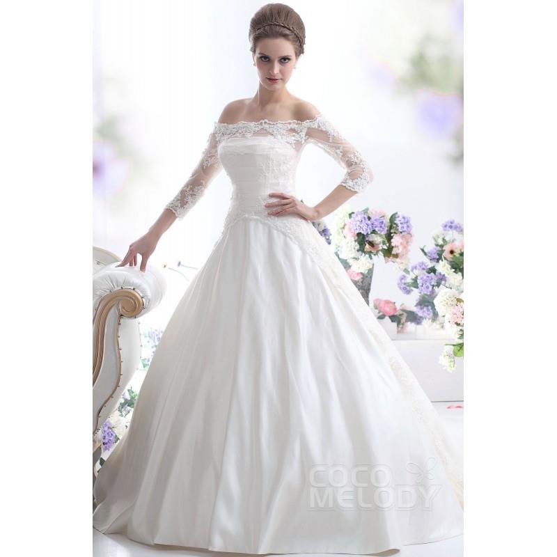 My Stuff, Luxurious A-line Off the Shoulder 3/4 Length Sleeve Court Train Satin Wedding Dress CWLT13