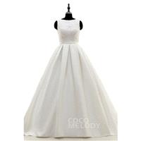 New Design A-Line Bateau Train Satin Ivory Open Back Wedding Dress with Beading - Top Designer Weddi