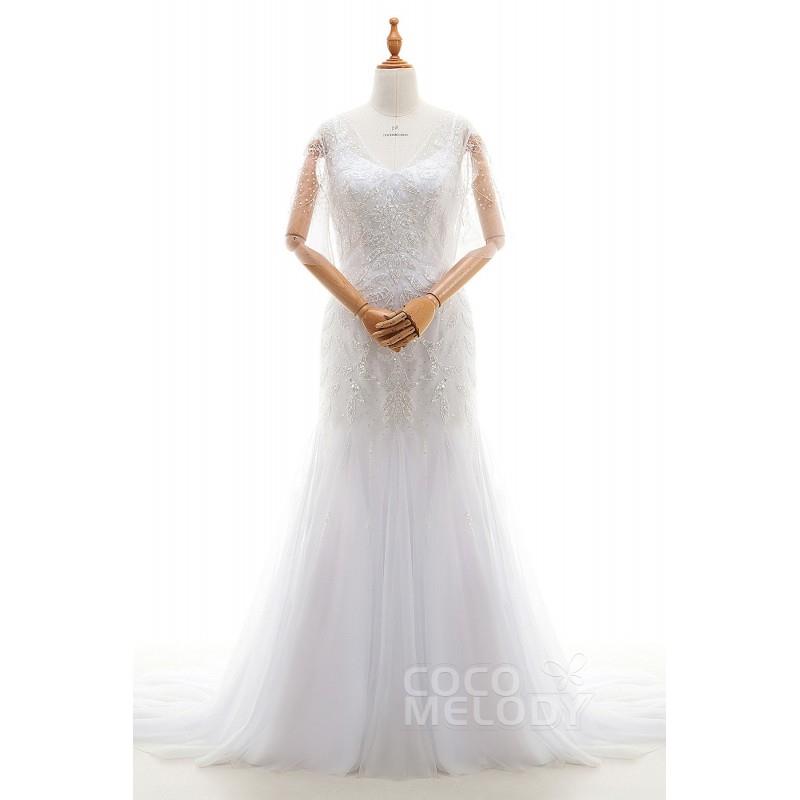 My Stuff, Luxurious Trumpet-Mermaid V-Neck Natural Court Train Tulle White Half Sleeve Zipper Weddin