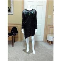 Vintage Black Irregular Short Hem  Evening Beaded Dress/ Wedding Guest Dress / Formal Short Dress S/