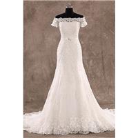 Charming Sheath-Column Off the Shoulder Natural Court Train Lace Ivory Zipper With Buttons Wedding D