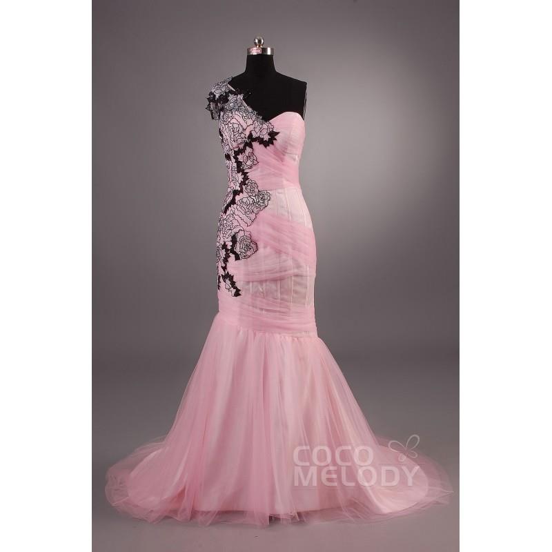 My Stuff, Queenly Trumpet-Mermaid One Shoulder Court Train Tulle Evening Dress with Pleating and App