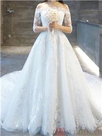 Bridal Dresses. Off-The-Shoulder Half Sleeves Appliques Button Tulle Wedding Dress