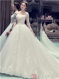 Bridal Dresses. Appliques Scoop Neck Long Sleeves Ball Gown Wedding Dress