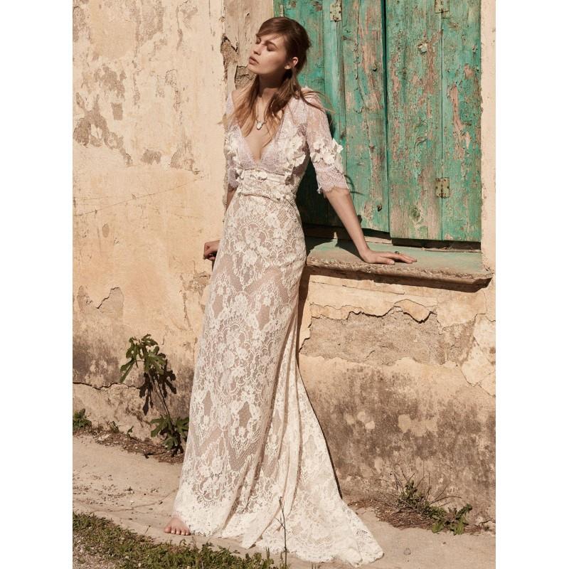 wedding, Christos Costarellos Spring/Summer 2018 BR18 31 Flowers Vintage Champagne Sheath V-Neck Swe