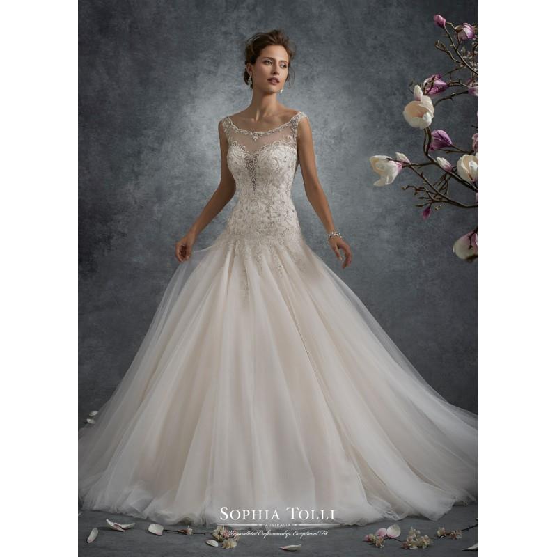 wedding, Sophia Tolli Fall/Winter 2017 Y21748 Ursa Beading Tulle Sweet Trumpet Ivory Sleeveless Illu