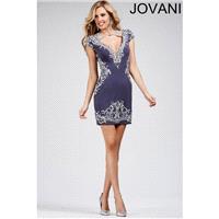 Jovani 27512 Short Dress Cutout Bodice Cap Sleeves V-Back - Short and Cocktail Jovani Fitted V Neck