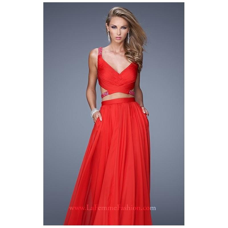 My Stuff, Red Beaded Open Back Gown by La Femme - Color Your Classy Wardrobe