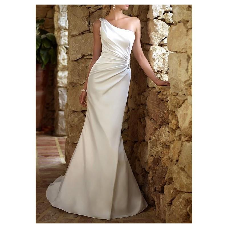 My Stuff, Graceful Stretch Satin Sheath One Shoulder Neckline Asymmetrical Waist Beaded Appliques We