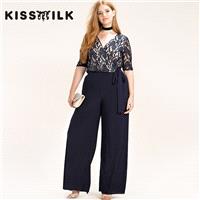 Plus size sexy lace women's fall fashion mosaic slim wide-leg pants jumpsuit - Bonny YZOZO Boutique