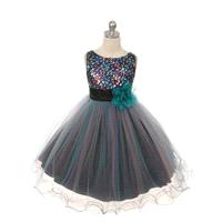 Teal Blue Double Mesh Dress w/ Multi Sequins Bodice & Flower Sash Style: D327 - Charming Wedding Par