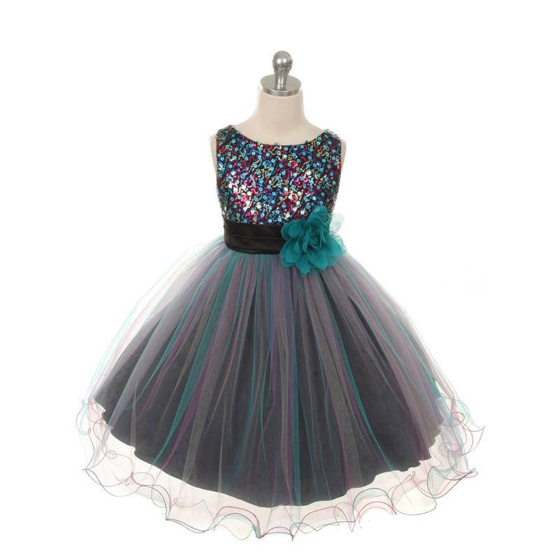 My Stuff, Teal Blue Double Mesh Dress w/ Multi Sequins Bodice & Flower Sash Style: D327 - Charming W