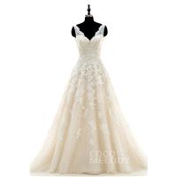 Chic A-Line V-Neck Natural Court Train Tulle and Lace Ivory/Champagne Sleeveless Open Back Wedding D