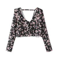 Open Back Printed V-neck Summer Casual Long Sleeves Black Top Blouse - Lafannie Fashion Shop