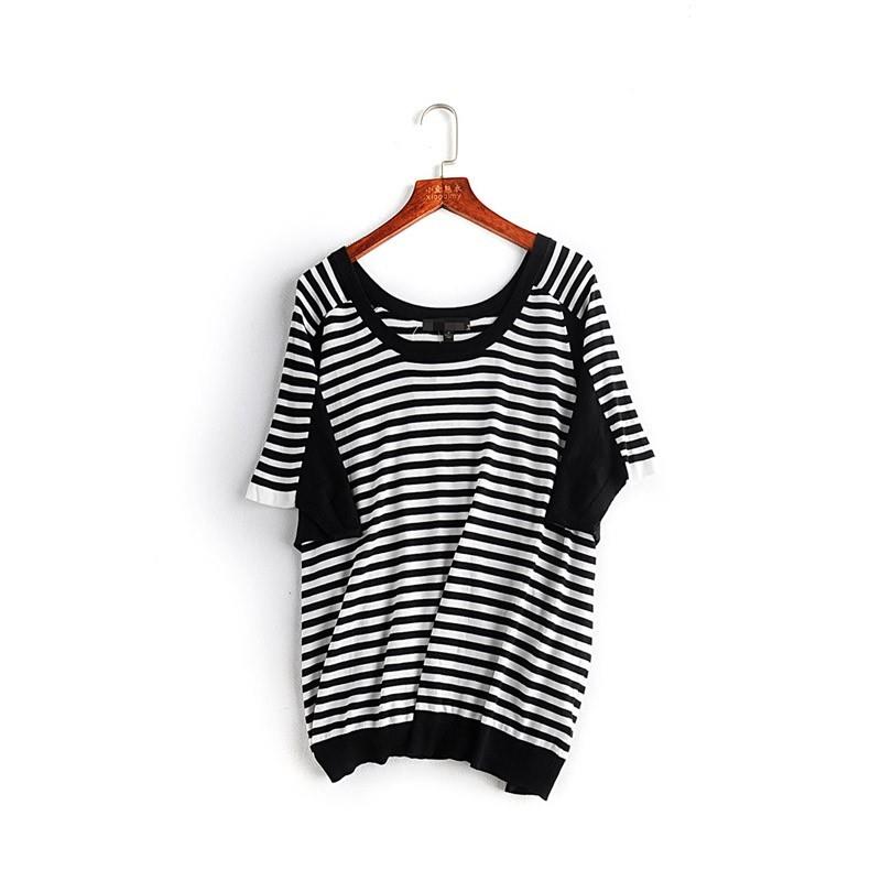 My Stuff, Vogue Solid Color Scoop Neck Stripped Black & White Summer Short Sleeves Knitted Sweater -