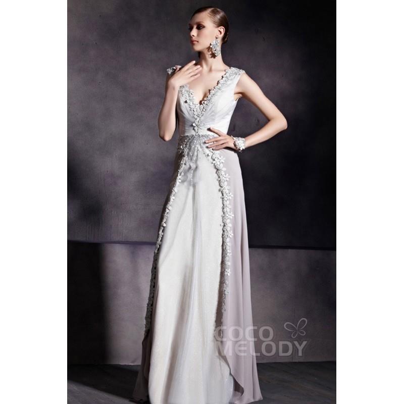 My Stuff, Graceful Sheath-Column V-Neck Silver Cloud Floor Length Evening Dress with Appliques COZF1