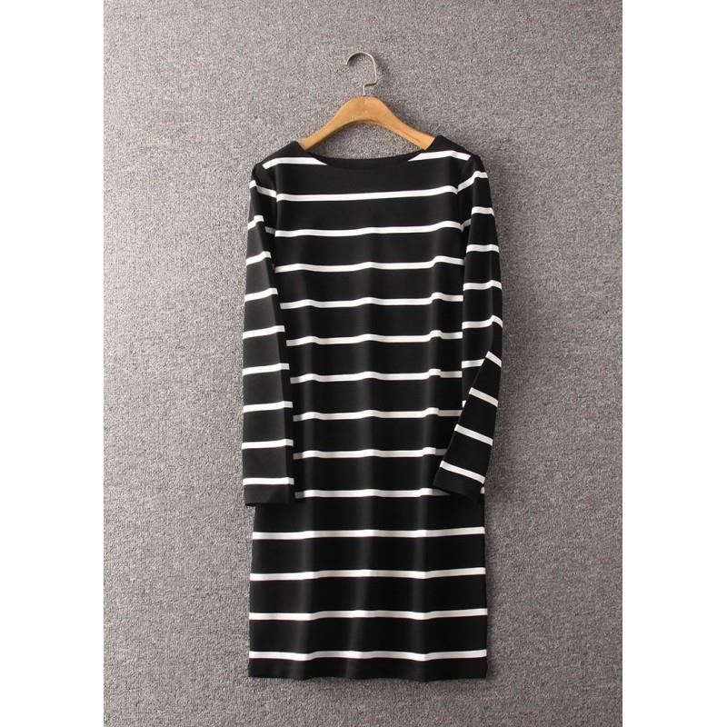 My Stuff, Must-have Slimming Curvy Stripped Black & White Long Sleeves Dress - Lafannie Fashion Shop