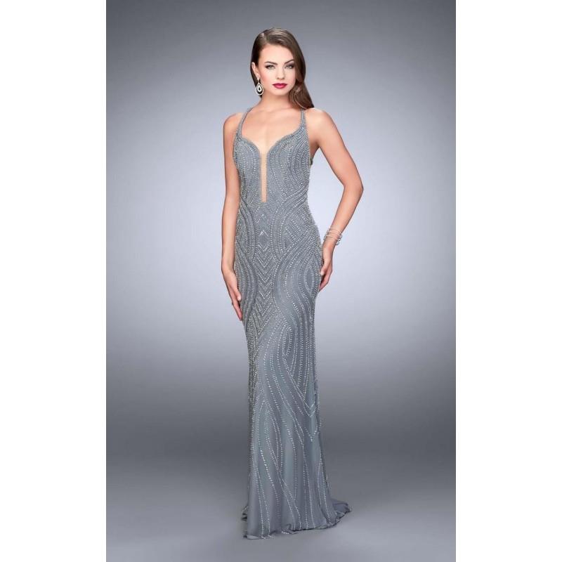 My Stuff, La Femme - Elaborately Beaded Sheath Evening Gown with Sweep Train 24244 - Designer Party