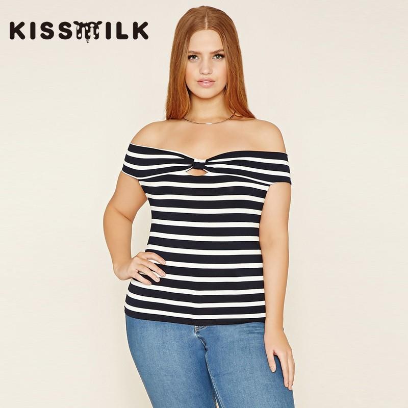 My Stuff, Vogue Sexy Hollow Out Slimming Plus Size Bateau Off-the-Shoulder Stripped Summer T-shirt -