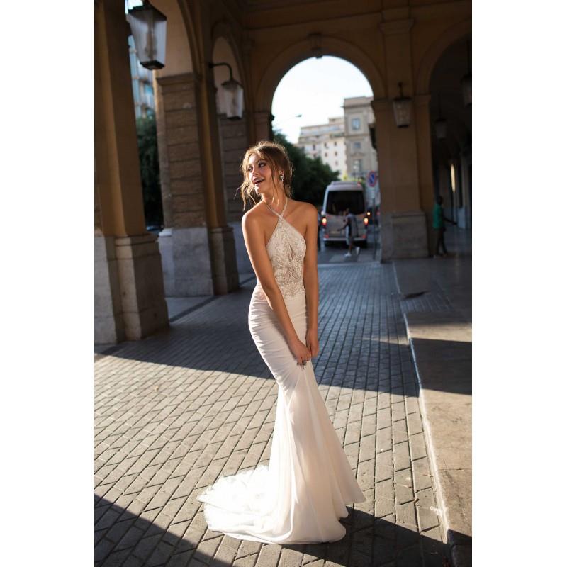 My Stuff, Muse by Berta 2018 BONITA Elegant Sweep Train Ivory Sheath Sleeveless Halter Beading Satin