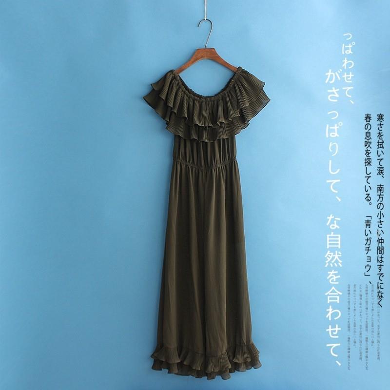 My Stuff, Slimming Bateau Off-the-Shoulder High Waisted Chiffon One Color Frilled Jumpsuit Wide Leg