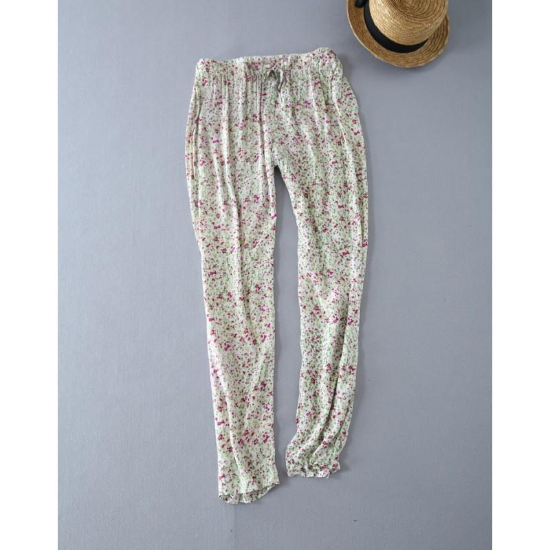 My Stuff, Countryside Casual Sweet Printed Banded Waist Cotton Comfortable Long Trouser - Discount F