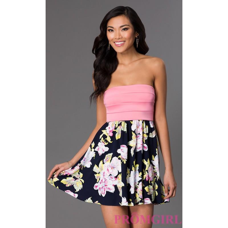 My Stuff, Short Strapless Dress with Floral Print Skirt - Brand Prom Dresses|Beaded Evening Dresses|