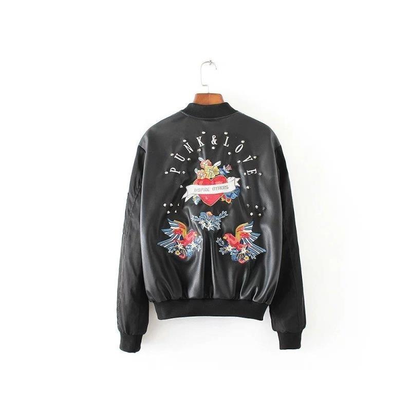 My Stuff, Embroidery High Neck Rivet Bird Baseball Jacket Coat - Lafannie Fashion Shop