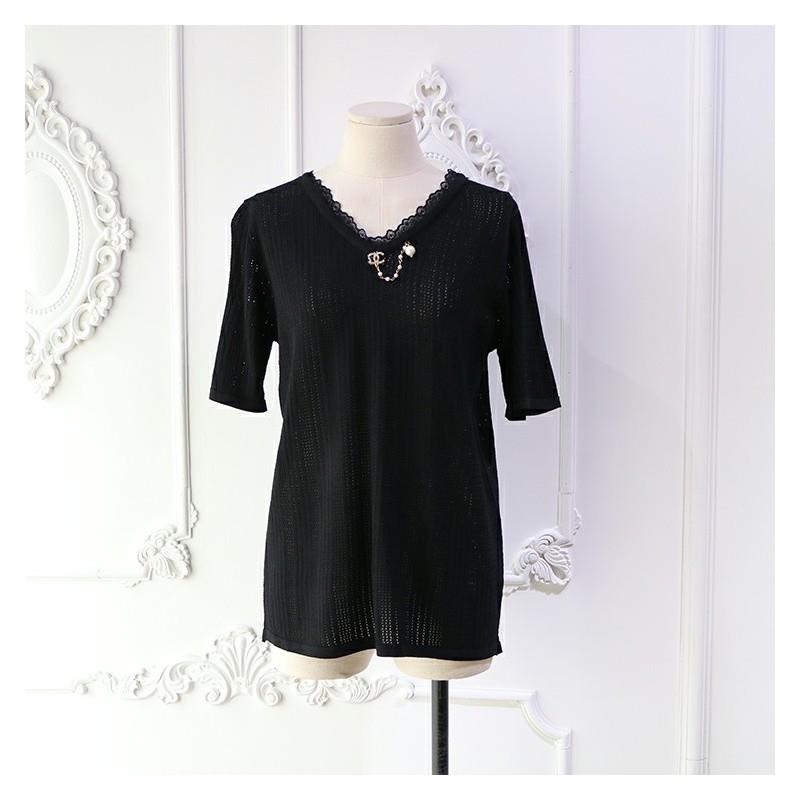 My Stuff, Slimming V-neck Pearls Summer Short Sleeves Top Knitted Sweater - Discount Fashion in been