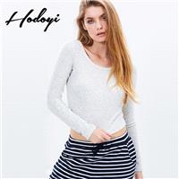 Vogue Sexy Slimming Scoop Neck One Color Fall 9/10 Sleeves Crop Top T-shirt - Bonny YZOZO Boutique S