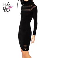 Ladies fall 2017 new sexy see through stripe mosaic slim dresses, turtleneck dress - Bonny YZOZO Bou