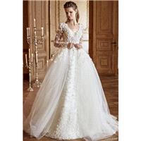 Tarik Ediz 2017 G2053 Ivory Ball Gown Chapel Train Long Sleeves V-Neck Sweet Hand-made Flowers Tulle