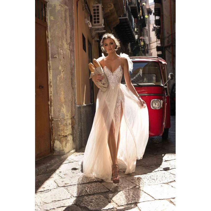 My Stuff, Muse by Berta 2018 BLANKA Sweep Train Sleeveless Sheath Sweet Spaghetti Straps Ivory Appli