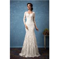 Amelia Sposa 2017 Carolina Fit & Flare V-Neck Long Sleeves Vintage Ivory Chapel Train Lace Appliques