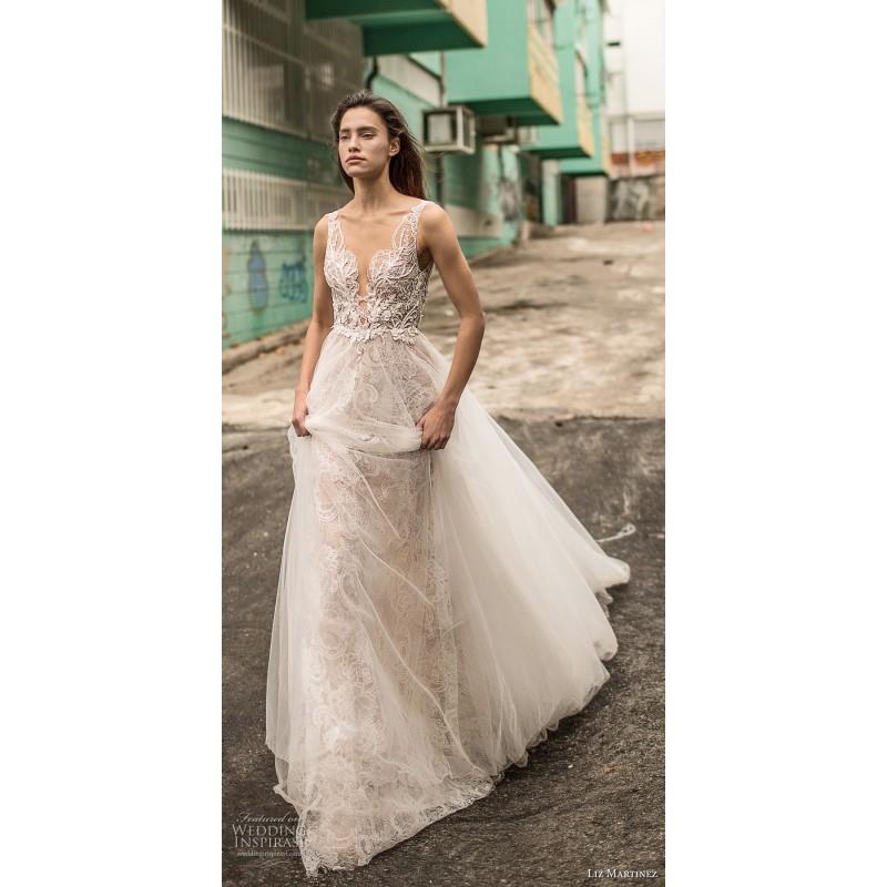 My Stuff, Liz Martinez 2018 Chapel Train Champagne Open Back Sleeveless Ball Gown V-Neck Outdoor Bea