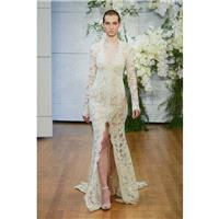 Monique Lhuillier Spring/Summer 2018 Faith Vintage Chapel Train Gold V-Neck Sheath Long Sleeves Appl