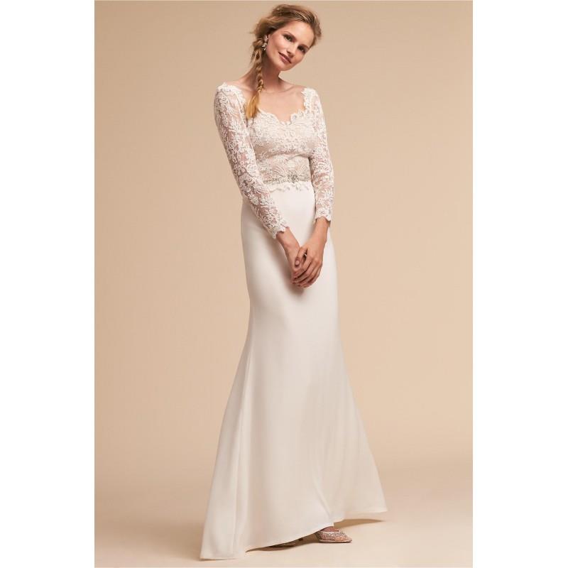 My Stuff, BHLDN Spring/Summer 2018 Langston Ivory Elegant Sweep Train V-Neck Fit & Flare Long Sleeve