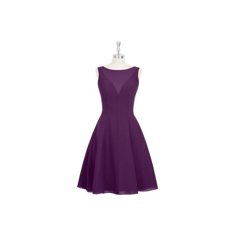 My Stuff, Grape Azazie Kaya - Knee Length Back Zip Boatneck Chiffon Dress - Charming Bridesmaids Sto