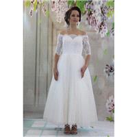 Little princess off-shoulder half sleeve length tulle ball gown tea length wedding dress - Hand-made