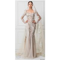 Maison Yeya 2017 Appliques Nude Cathedral Train Split Silk Long Sleeves Fit & Flare Illusion Dress F