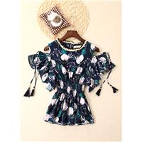 Ethnic Style Bohemia Printed Fringe Curvy Off-the-Shoulder Frilled Short Sleeves Bat Sleeves Blouse