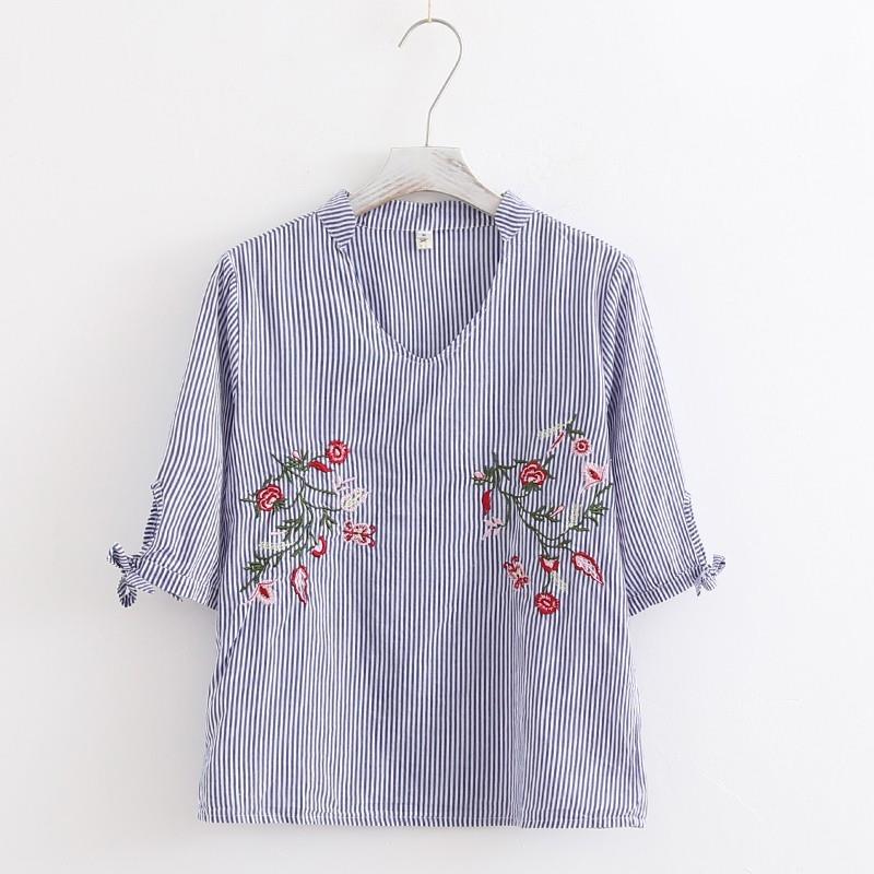 My Stuff, Must-have Oversized Vintage Embroidery V-neck Cotton Stripped Floral Blouse - Lafannie Fas