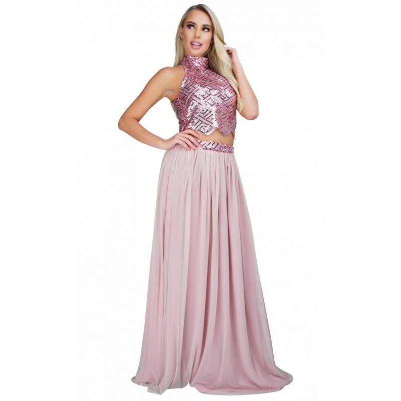 My Stuff, Posh Couture 1501 Aline High Neck Sleeveless Pink Sequins Vogue Chiffon Floor-Length Zippe