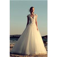 Christos Costarellos 2017 BR1752 Ivory Sweet Sweep Train Cap Sleeves Aline Queen Anne Tulle Applique