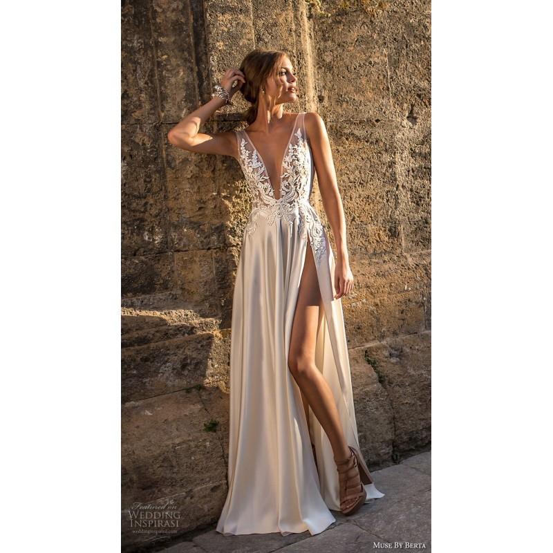 My Stuff, Muse by Berta 2018 BROOKE Sweep Train Sexy Ivory Column Sleeveless V-Neck Embroidery Satin